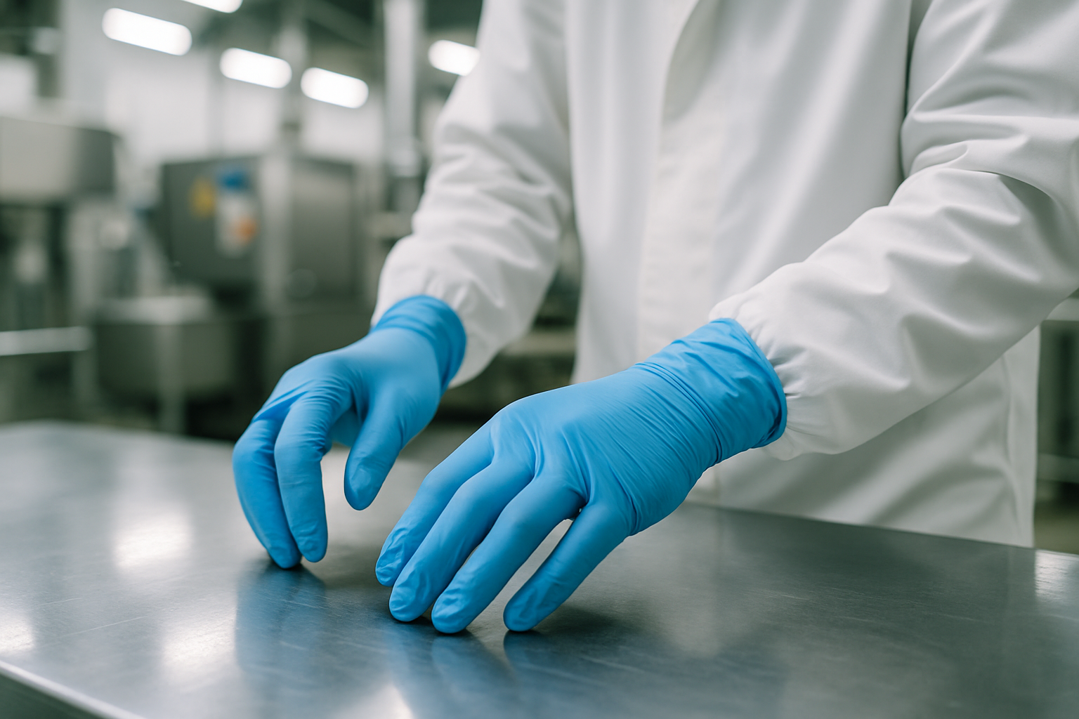 a food factory worker's hands in gloves
